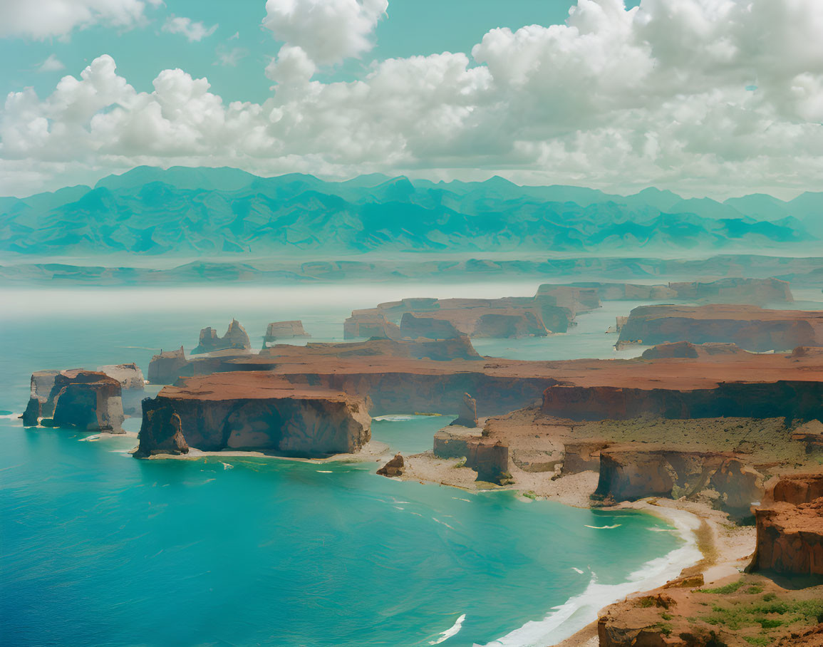 Tranquil landscape with layered rock formations in blue waters