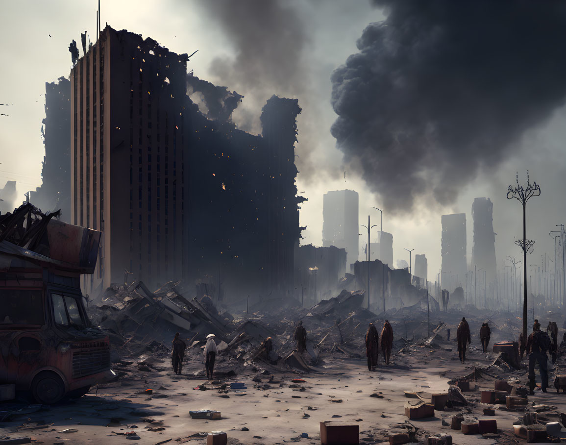 Post-apocalyptic cityscape with crumbling buildings, debris, food truck, and wandering survivors under dark sky