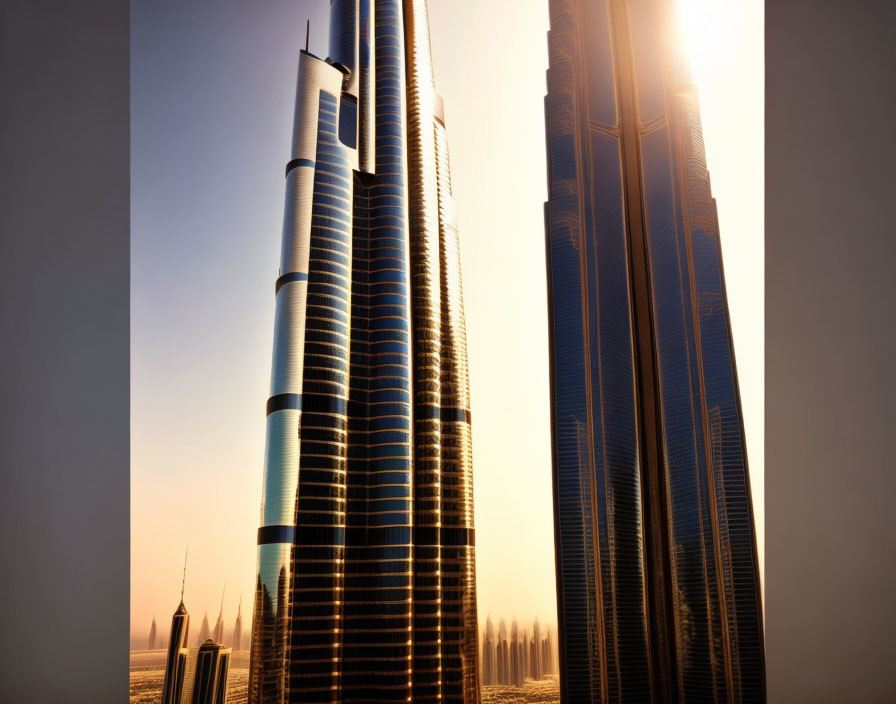 City skyline: skyscrapers' sunset silhouette on clear sky