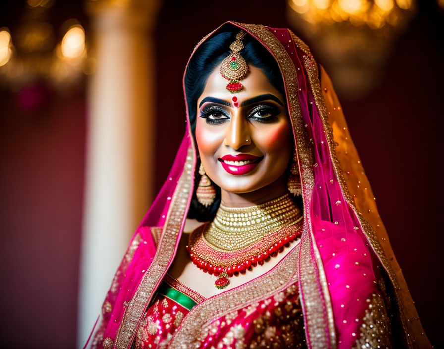 Traditional Indian Bride in Elaborate Attire and Jewelry Smiling on Ornate Background