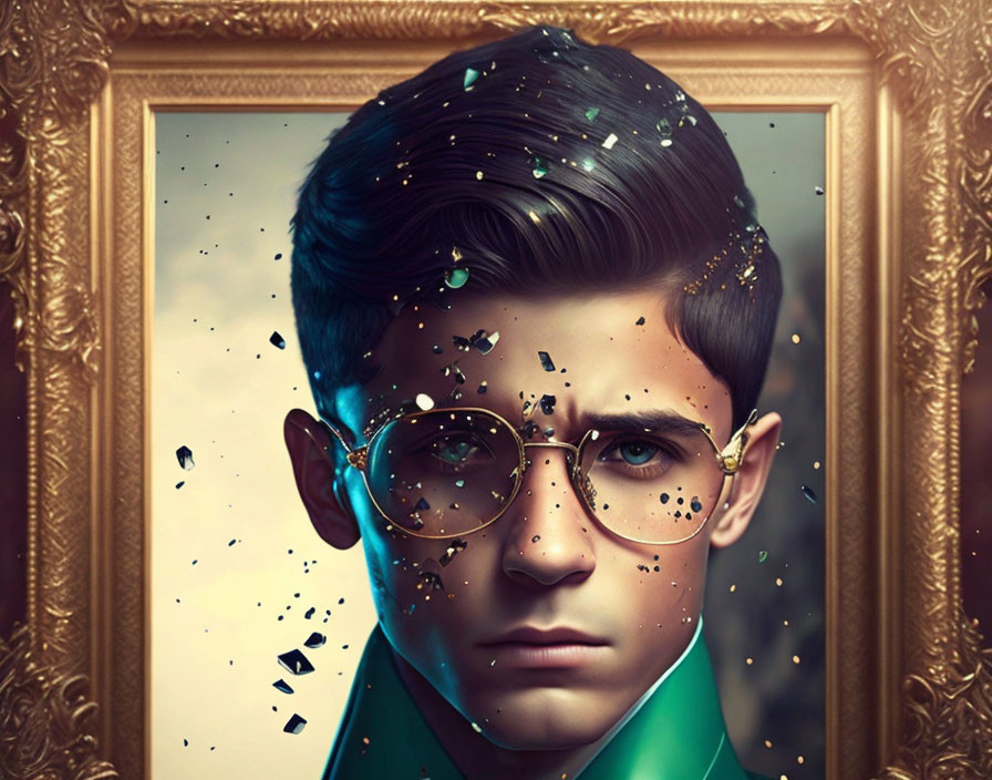 Digital portrait of young male with glasses in shattering effect within golden frame