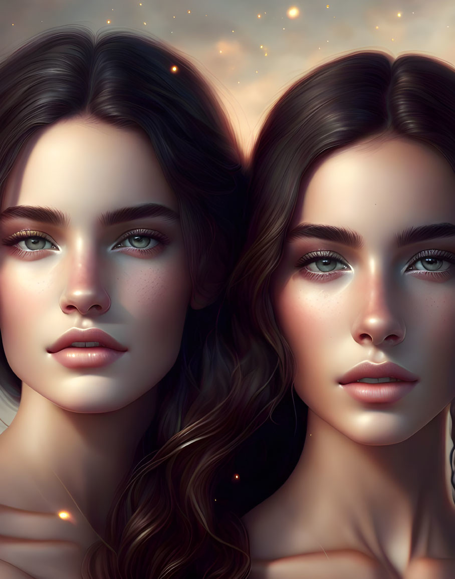 Twin women digital artwork with wavy hair and glowing skin