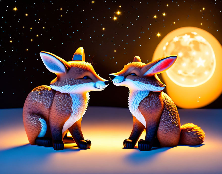 Illustrated foxes touching noses under starry night sky