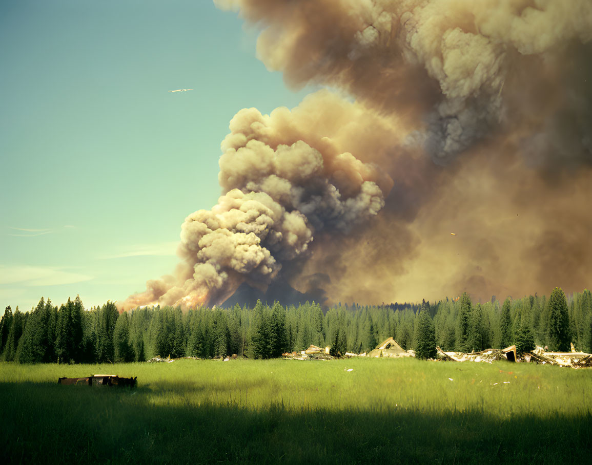 Billowing Smoke Cloud from Distant Wildfire Above Forest