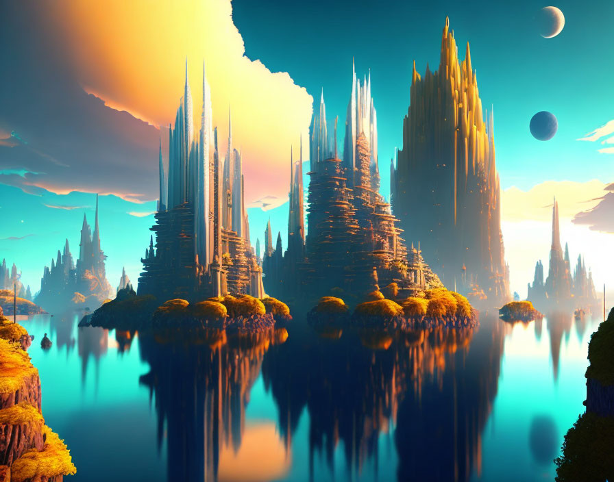 Fantastical landscape with crystal spires, serene waters, amber sky, and multiple moons