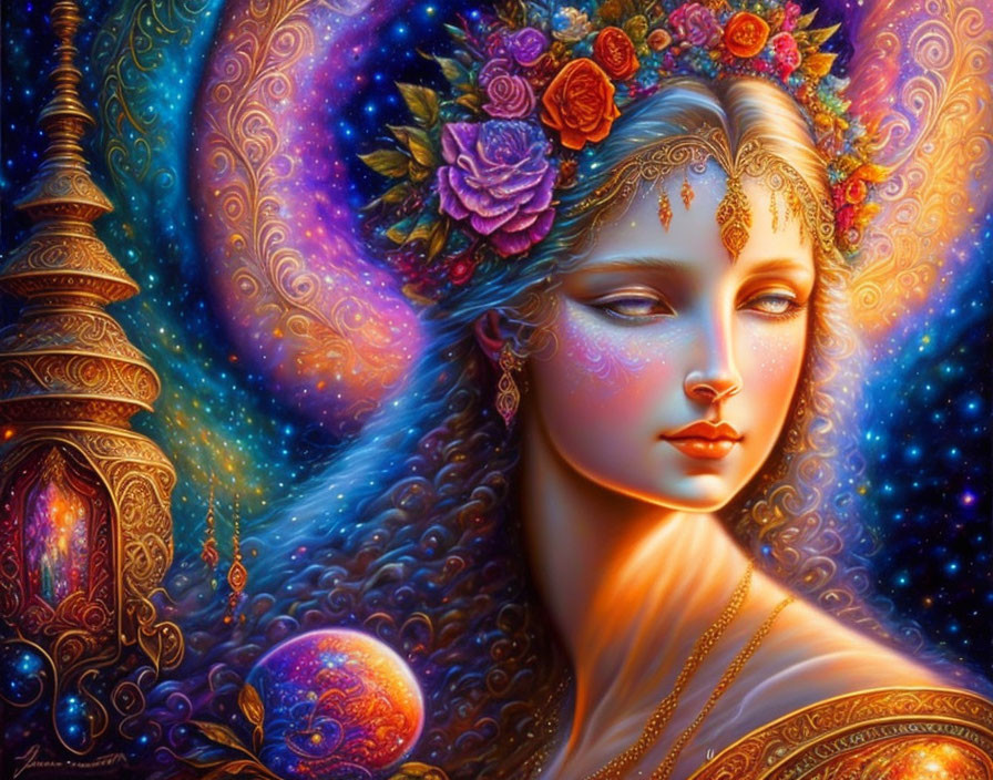 Fantastical portrait of a woman with cosmic features and vibrant celestial backdrop