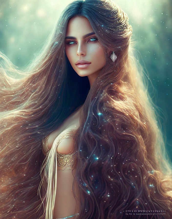 Digital artwork: Woman with long hair and blue eyes on mystical backdrop