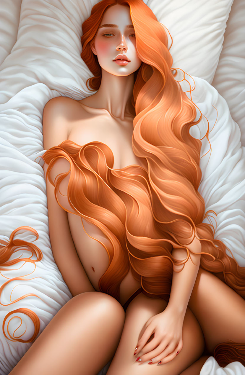 Stylized illustration of woman with flowing red hair on white bedding