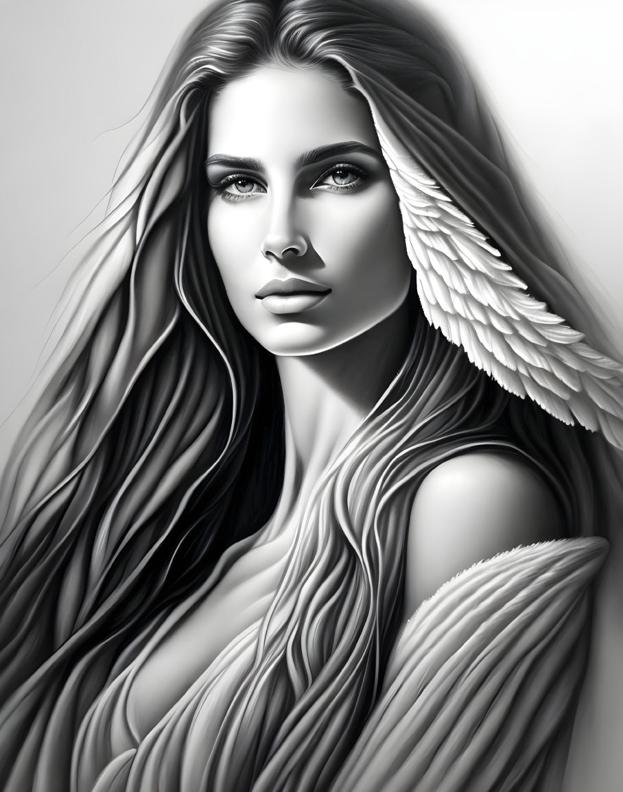 Monochromatic artistic depiction of angelic female figure