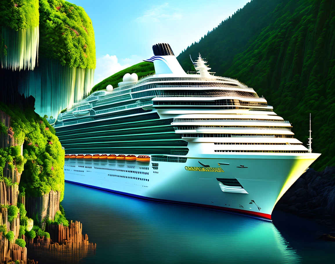 Cruise Ship in Lush Valley with Waterfalls