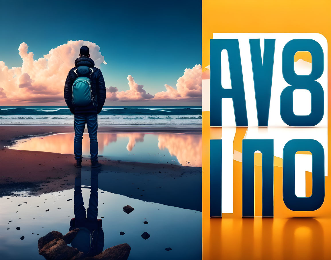 Backpacker on Sunset Beach with Cloud Reflections and "AY8" Letters