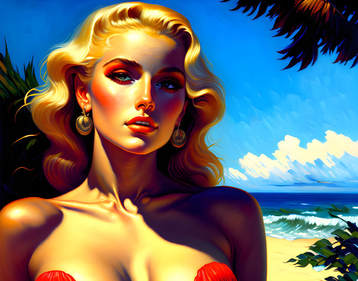 Blonde Woman with Red Lipstick on Beach with Palm Trees