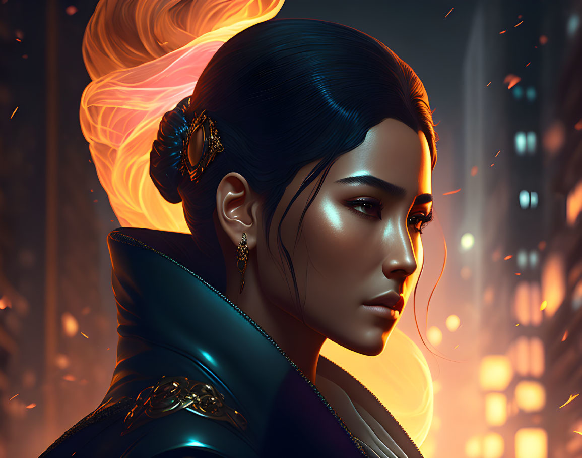 Digital art portrait: Woman with glowing embers in hair, gold earrings, dark jacket, against warm