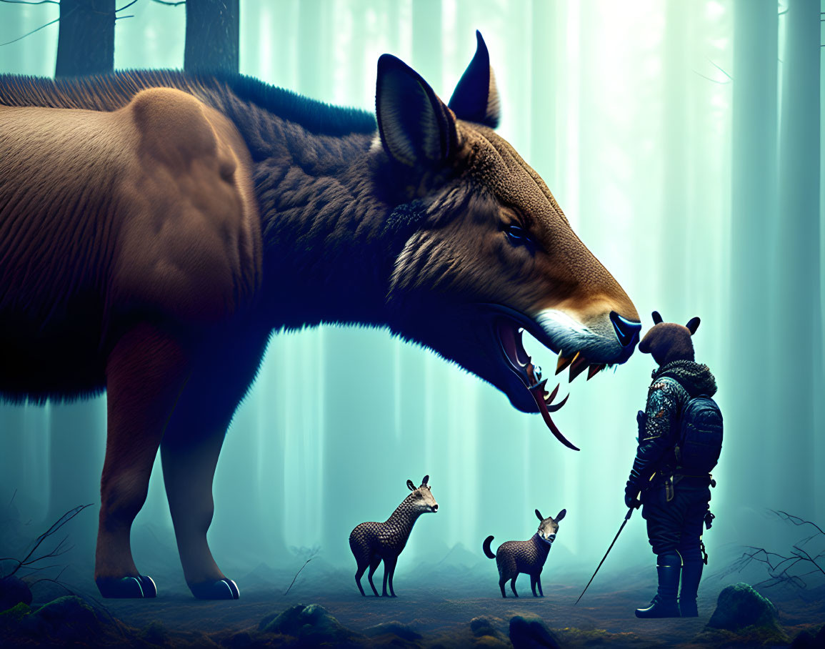 Giant wolf and knight with zebras in surreal blue forest