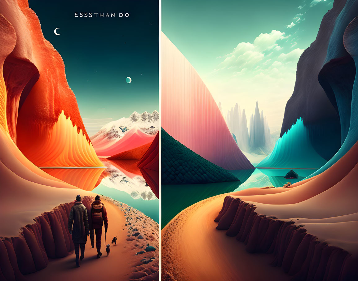 Split surreal landscape images: warm red-orange vs. cool blue-green with geometric shapes