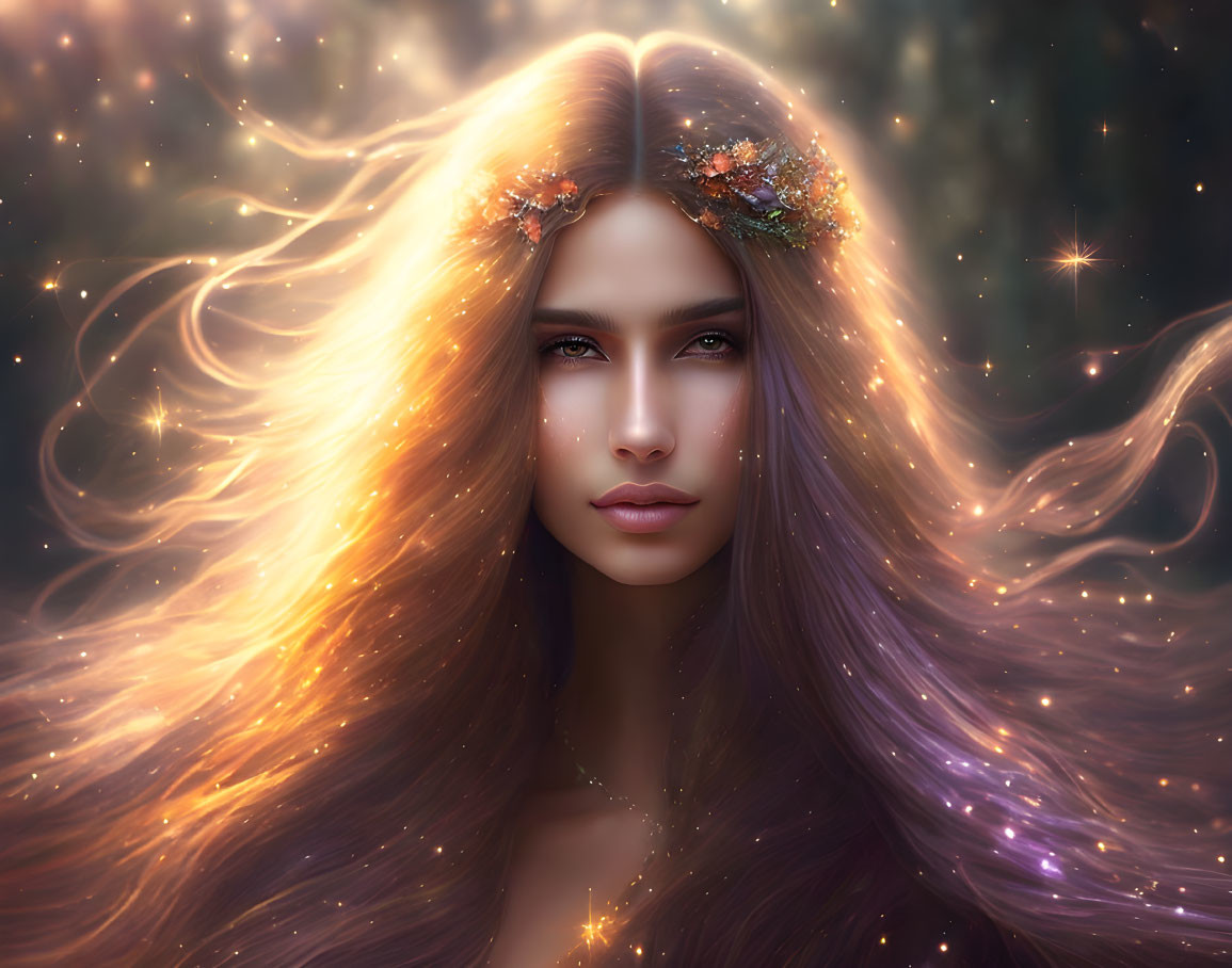 Multicolored hair woman in mystical forest setting