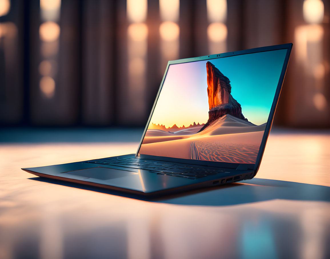 Laptop displaying desert sunset on wooden surface