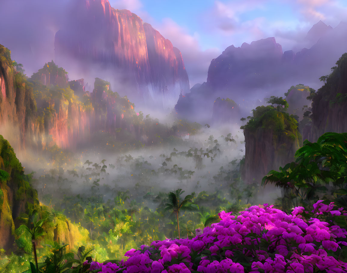 Scenic landscape: lush valley, purple flowers, misty forests, towering cliffs