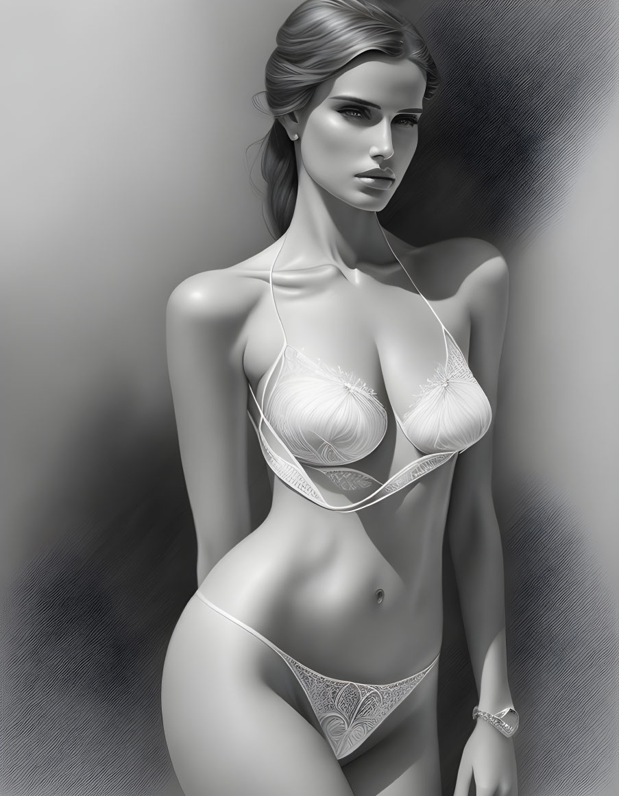 Greyscale artistic representation of a serene, elegant woman posing.