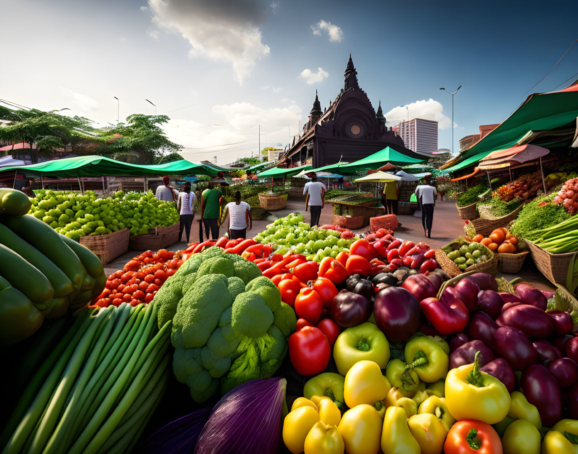 Colorful Outdoor Market with Fresh Vegetables and Ornate Building