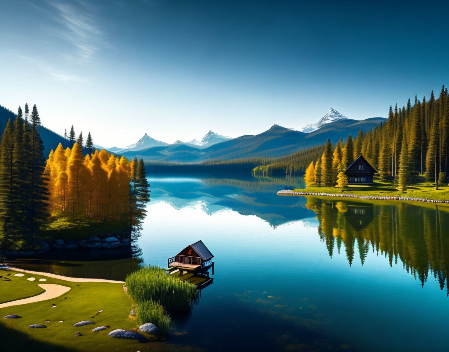 Tranquil lake with pine trees, mountains, and hut