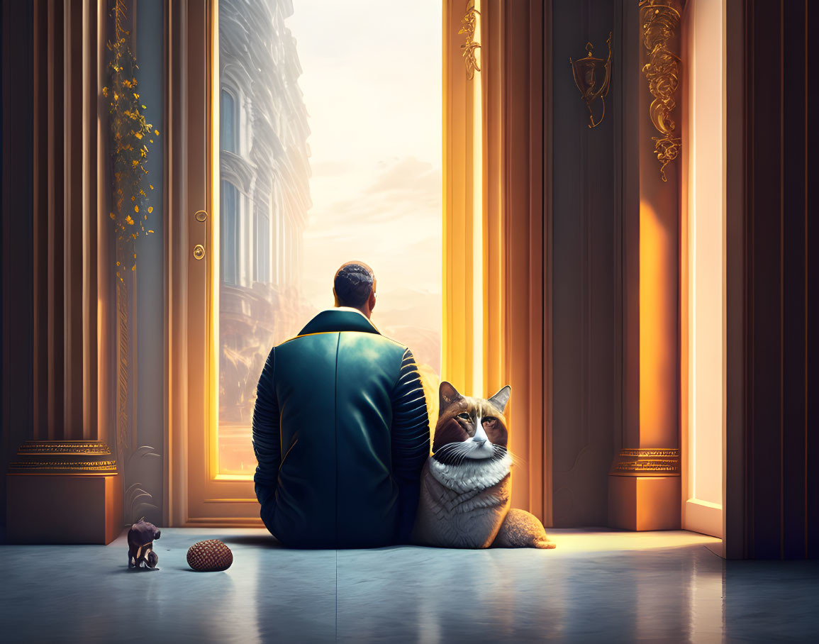 Man and cat by window at sunset with city view and toy on floor