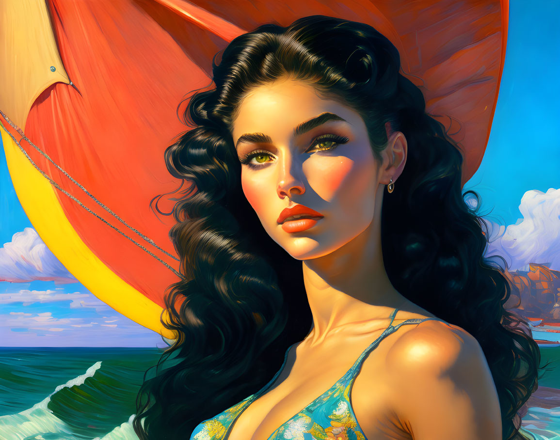 Digital artwork: Woman with black hair and green eyes by beach with red sailboat & blue sky