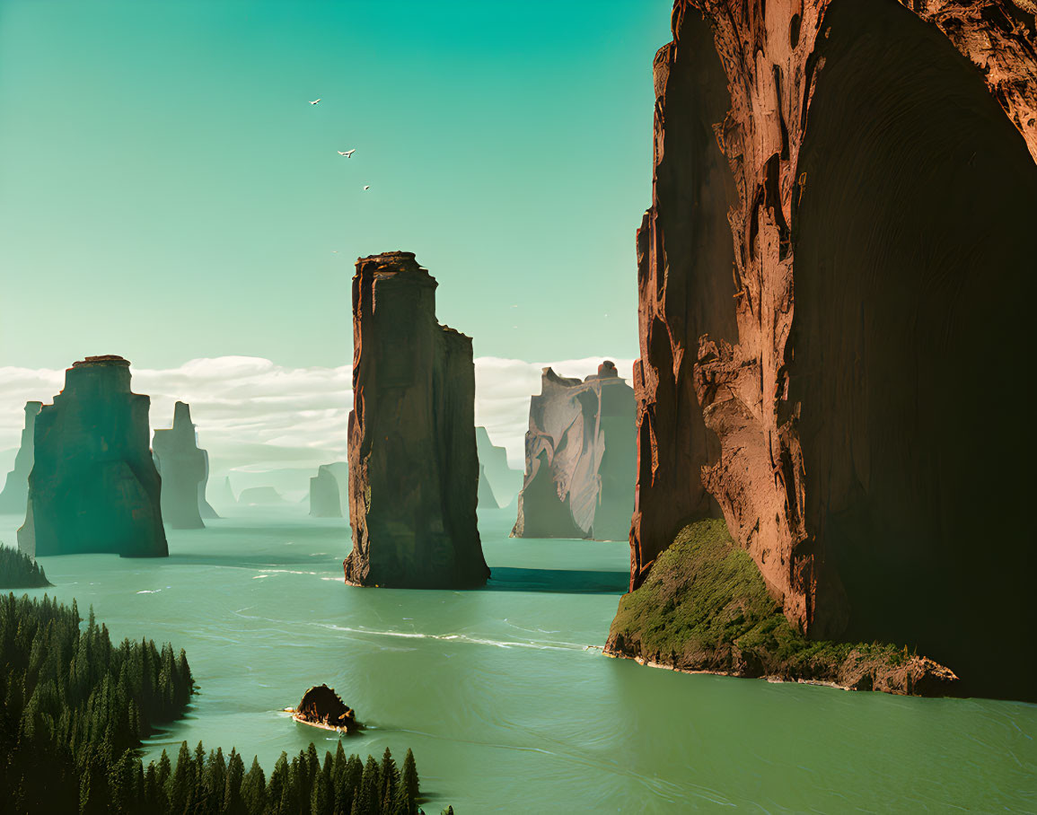 Tranquil river in red rock canyon under clear sky