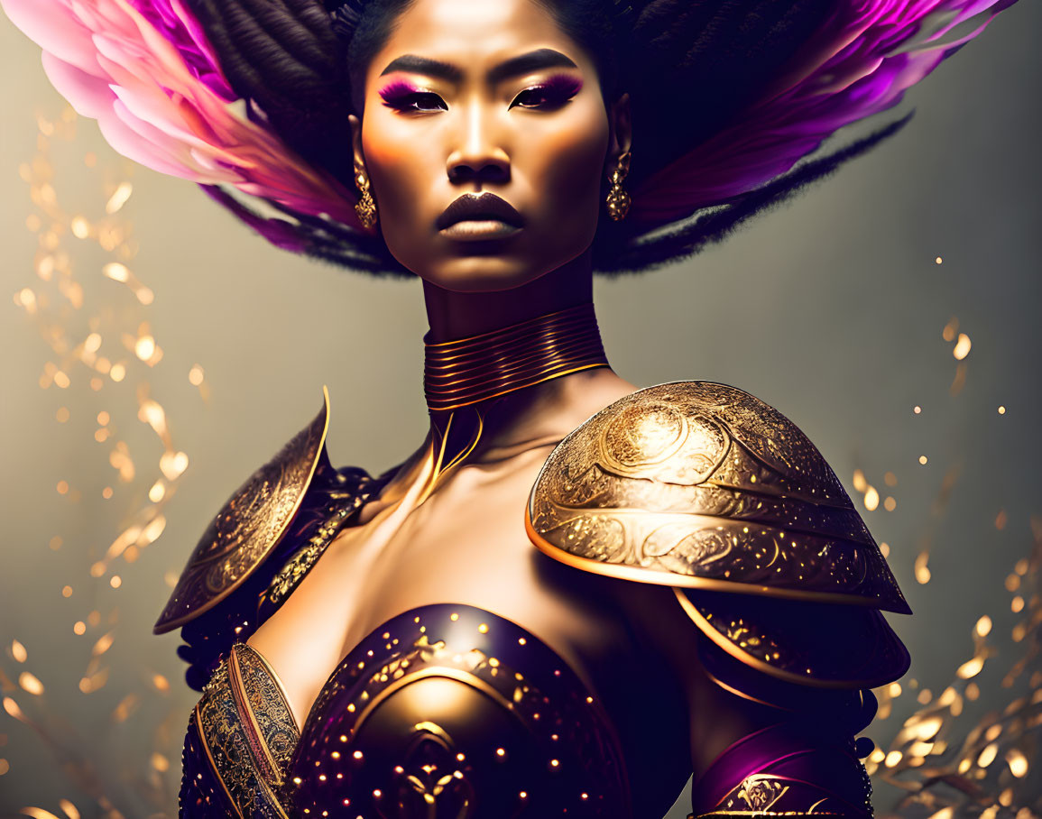 Warrior woman illustration in gold armor with dramatic makeup