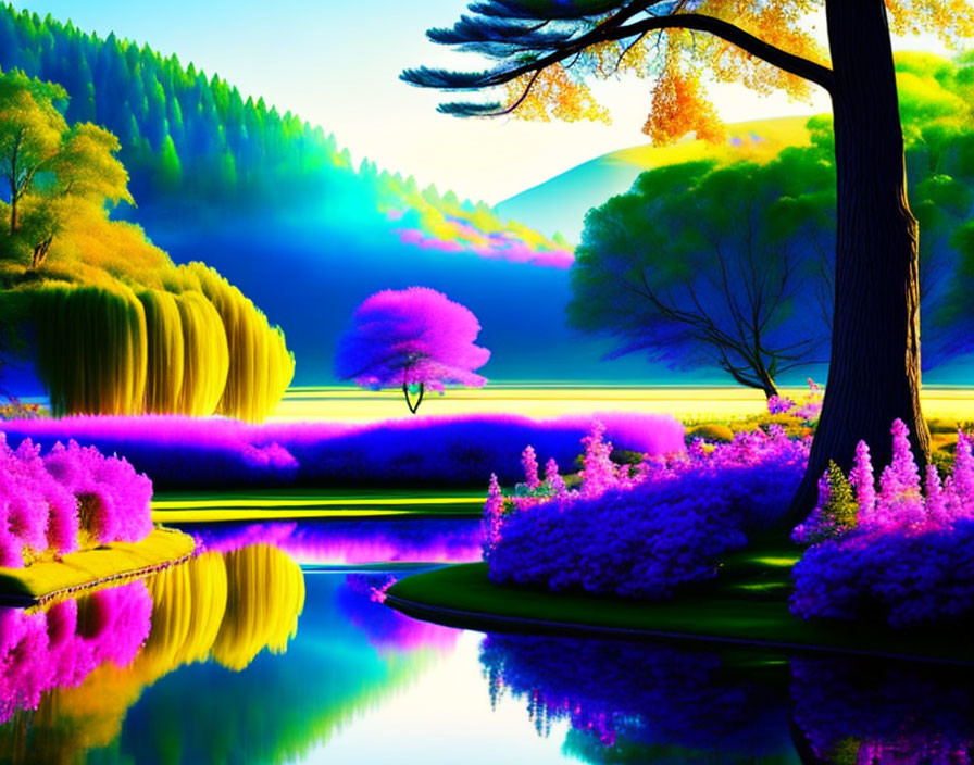 Luminous purple and pink flora in vibrant landscape