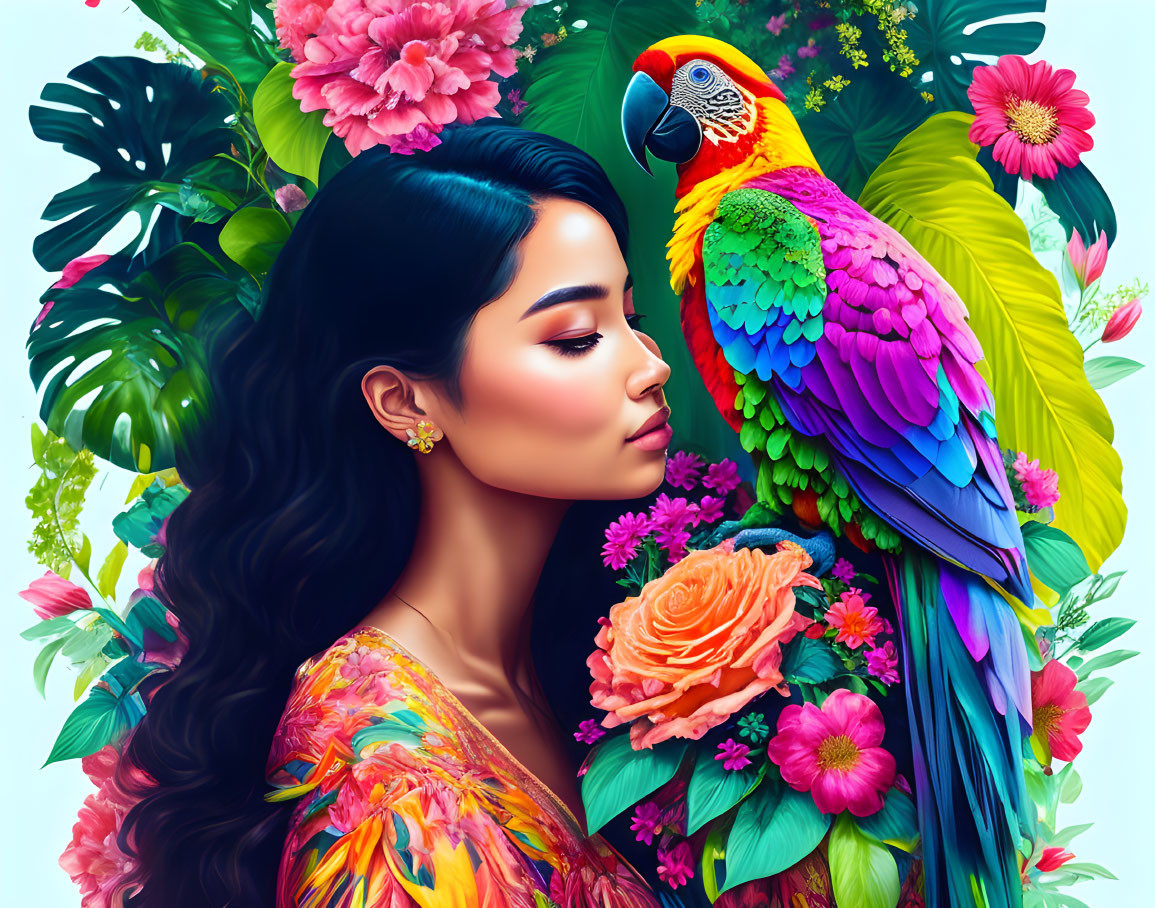 Dark-haired woman with vibrant parrot in lush floral setting