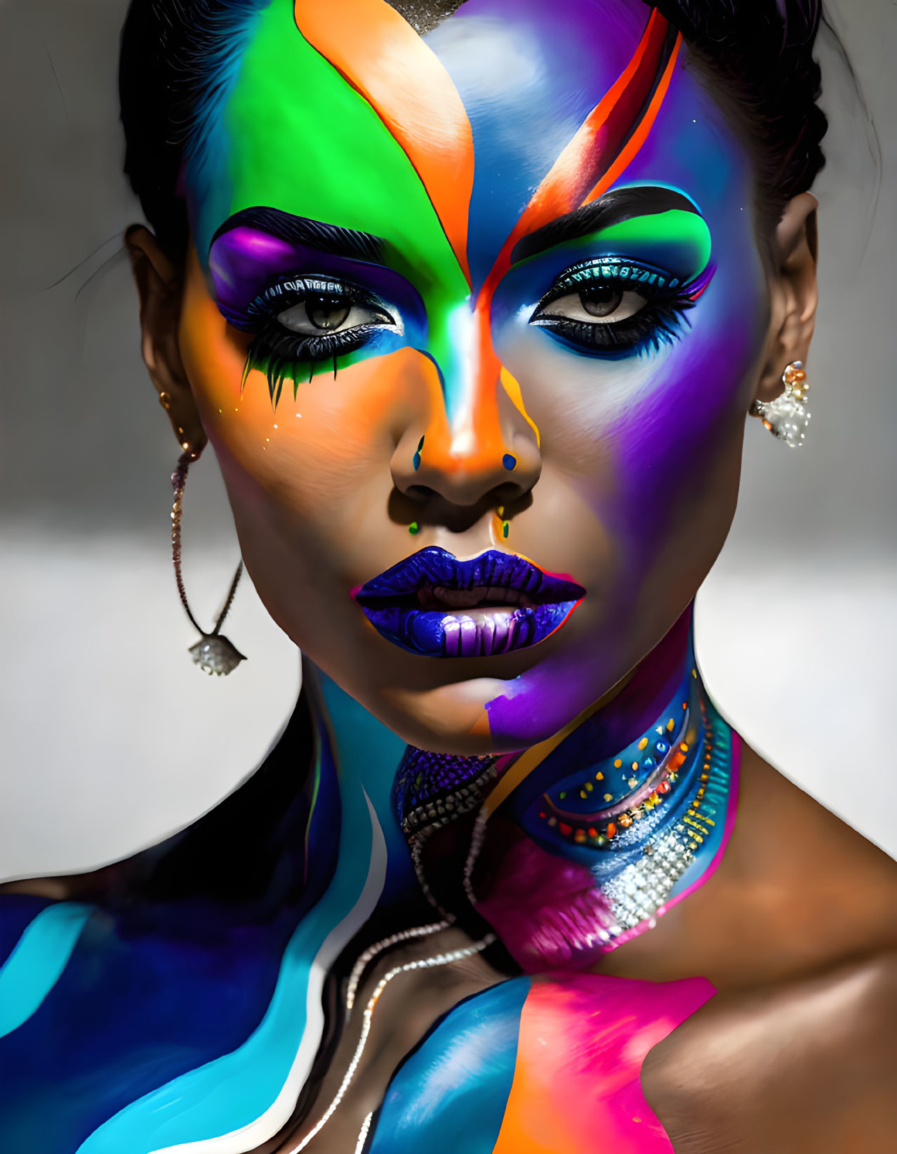 Colorful Face Paint and Body Art on Person with Purple Lips