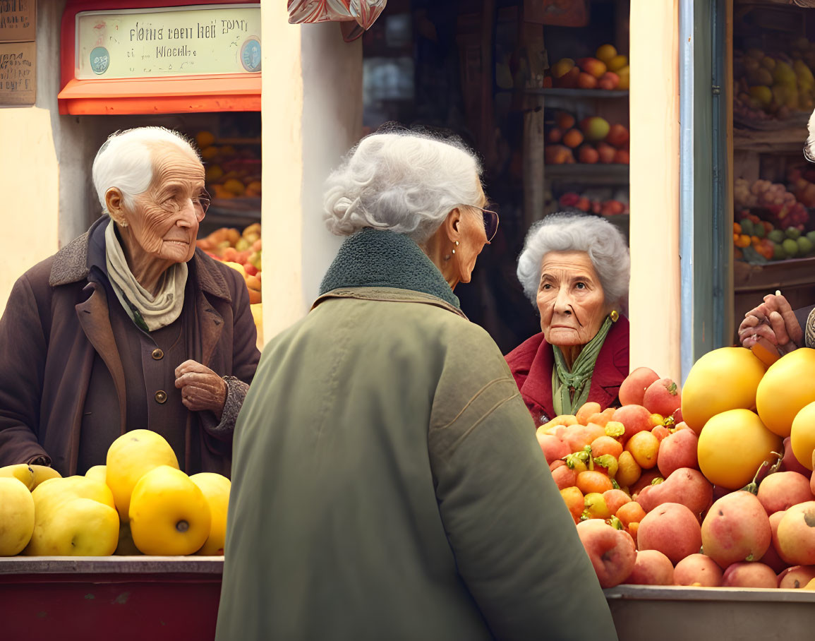 Elderly individuals conversing at fruit stall with oranges and apples