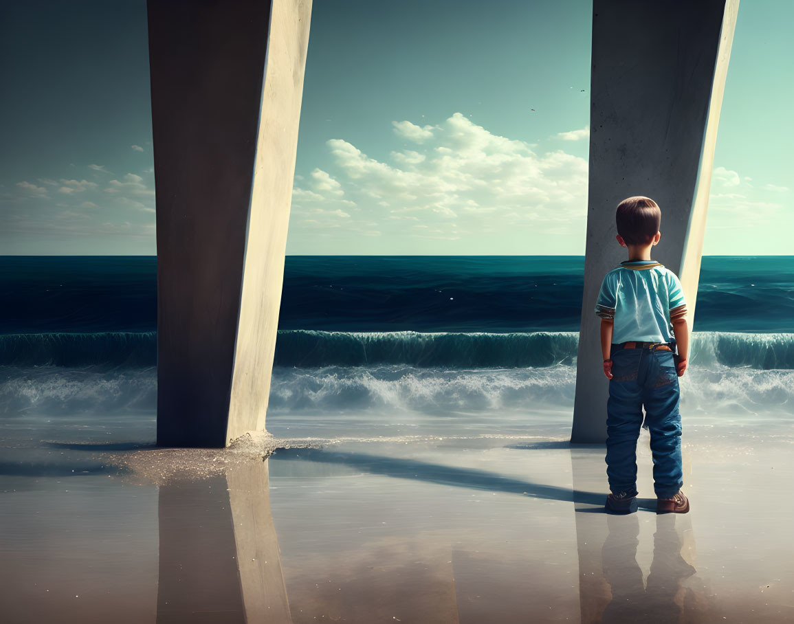 Child mesmerized by towering wave in surreal seascape