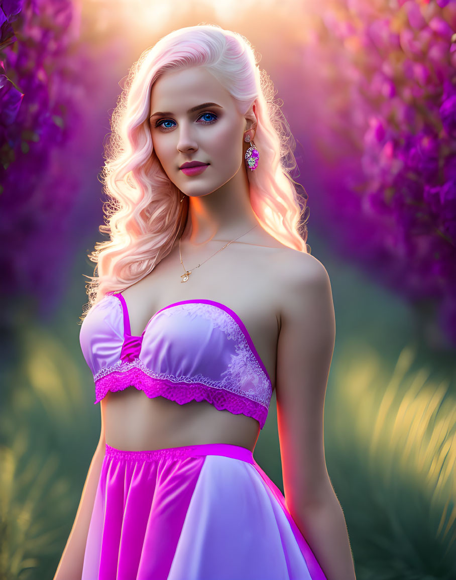 Blonde Woman in Purple Dress Surrounded by Pink Flowers