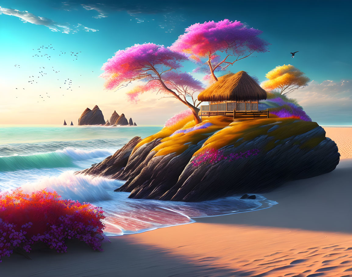 Tranquil beach scene with thatched hut, rocky outcrop, colorful foliage, sunset sky,