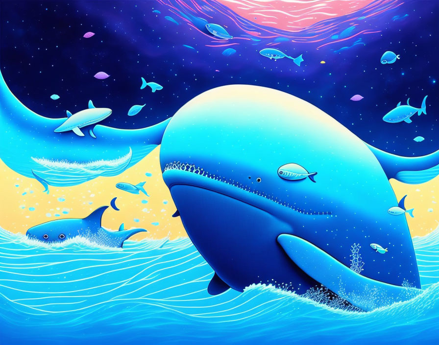 Whales and fish swimming in colorful ocean and starry sky