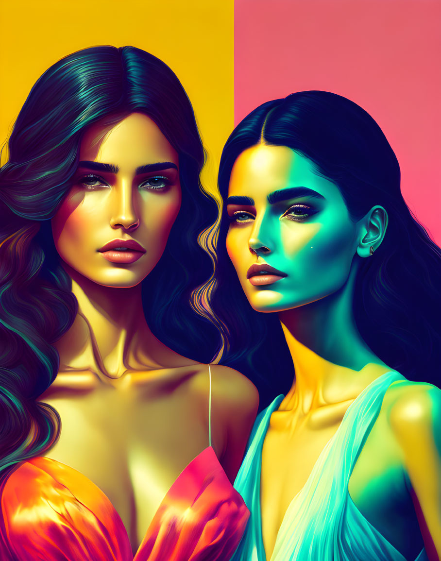 Two women with striking features in warm yellow and cool blue light against split pink and yellow background.