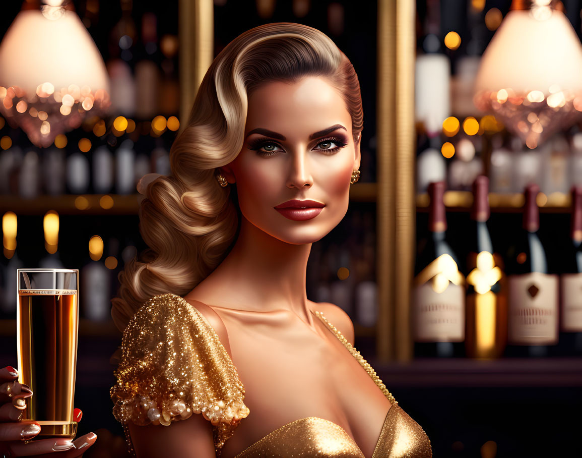 Stylish woman with wavy hair in gold sequined outfit at bar