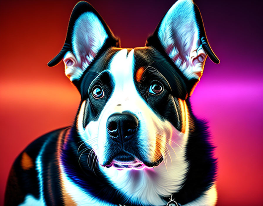 Vibrant digital dog artwork on red and blue gradient.