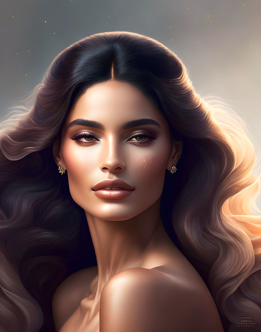 Illustrated portrait of woman with long hair and subtle makeup on starry backdrop