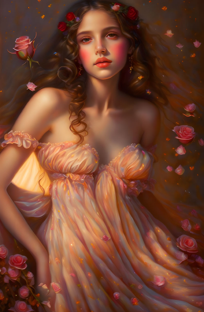 Woman in Peach Gown Surrounded by Roses and Petals