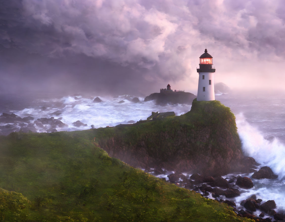 Lighthouse on rugged cliff in stormy seas with crashing waves.