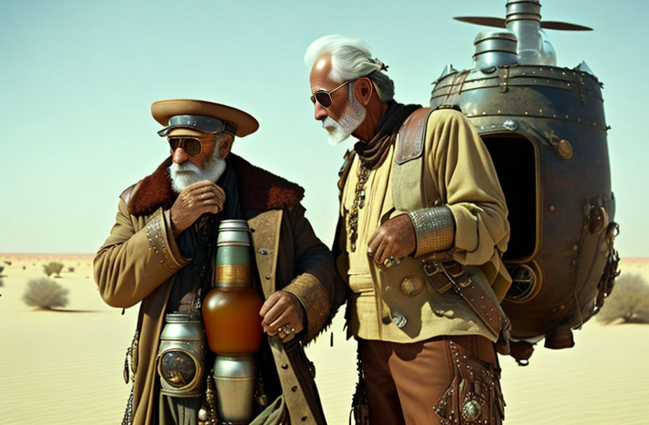 Elderly gentlemen in steampunk attire with brass telescope and flying machine in desert.