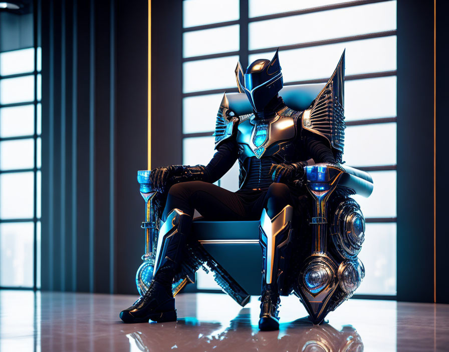 Futuristic warrior in black and blue armor on modern chair against windowed backdrop