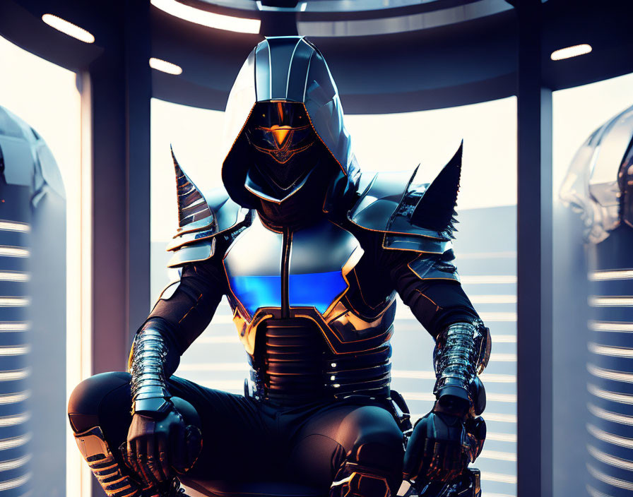 Futuristic armored warrior in contemplative pose with glowing blue lights, set in sci-fi backdrop