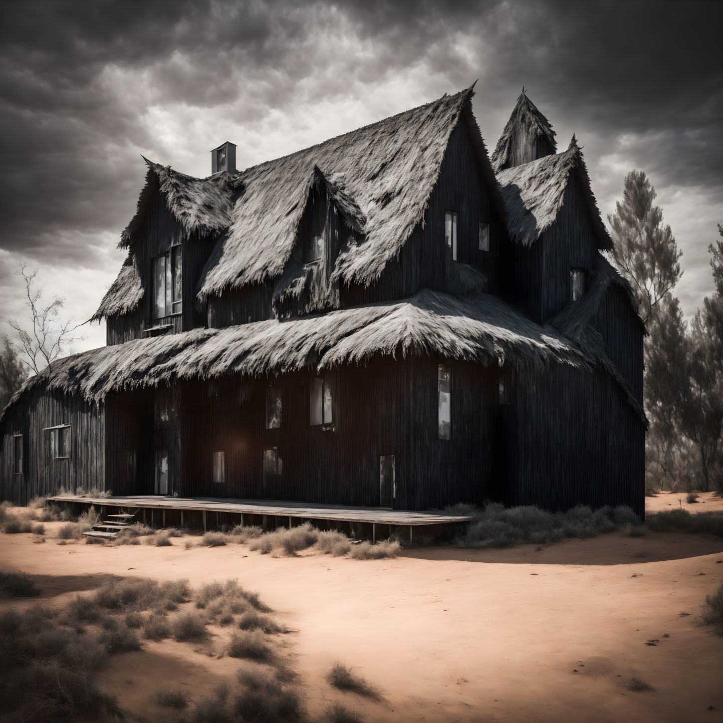 Abandoned two-story thatched roof house in desolate setting