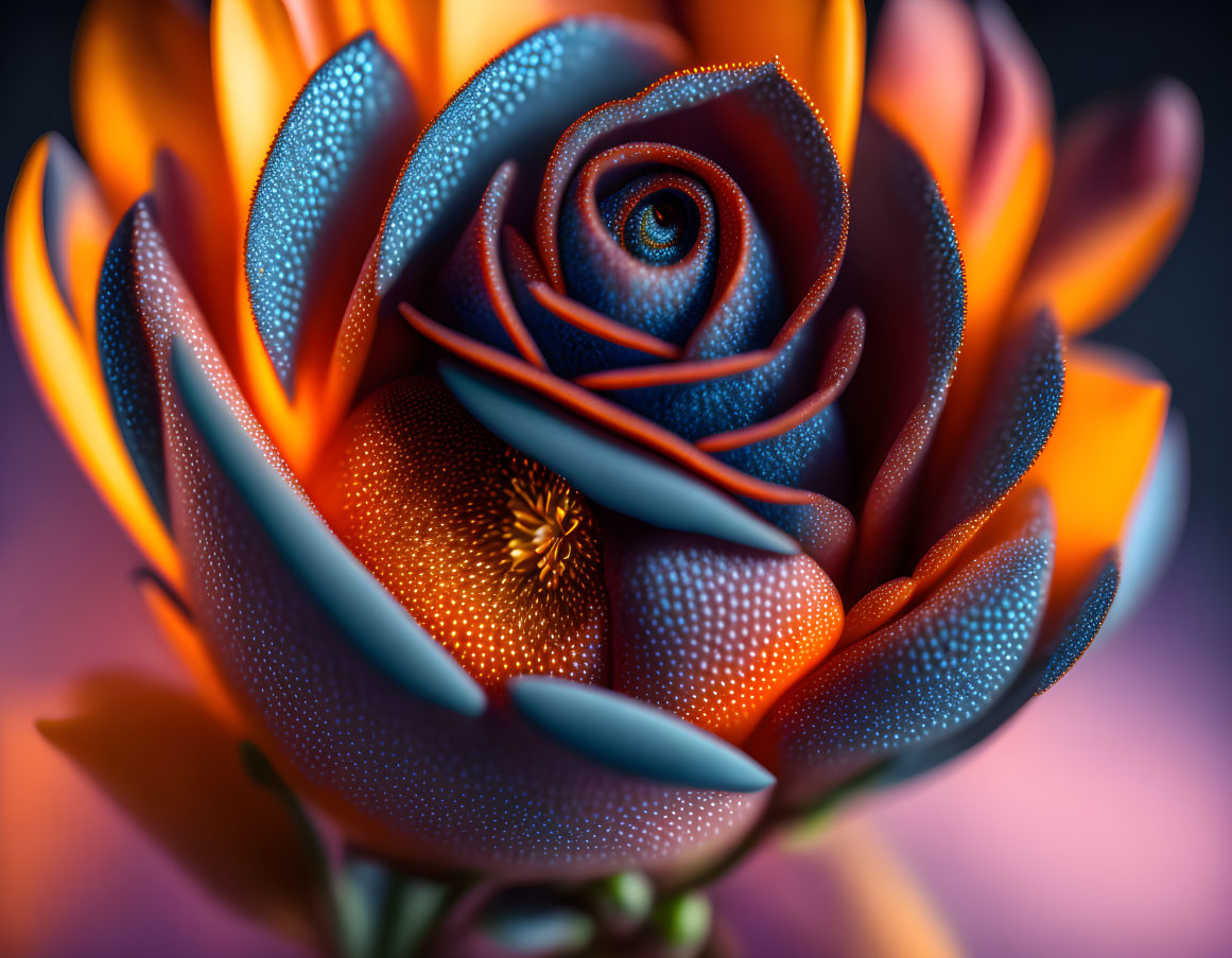 Vibrant multi-colored flower with blue-patterned rose and orange petals