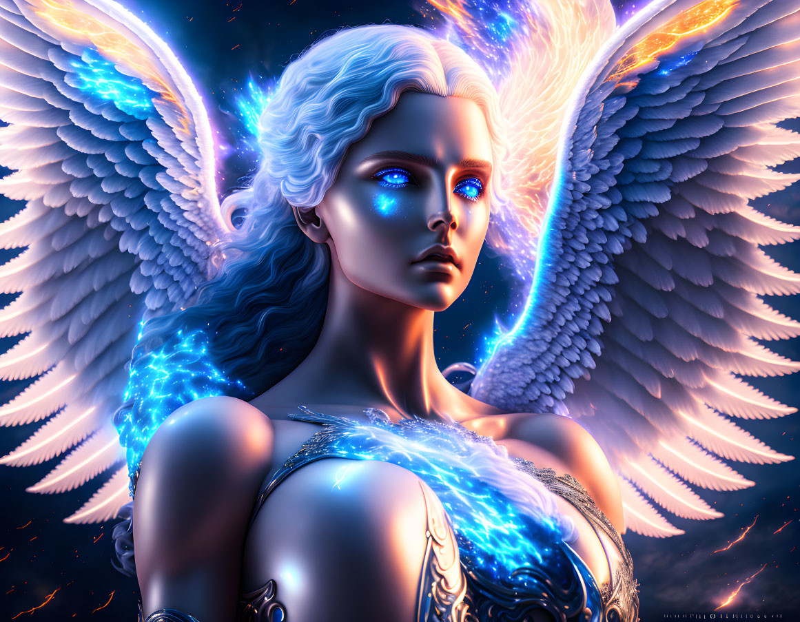 Digital Artwork: Female Figure with Blue Skin and Glowing Eyes