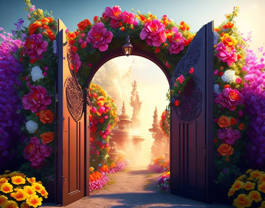 Vibrant flower-adorned gate opens to mystical garden with fountain